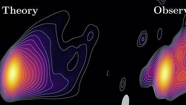 Das theoretische Modell (links) und die astronomischen Beobachtungen (rechts) der Abschussstelle des relativistischen Jets von M87 stimmen sehr gut überein.  Foto: Bild: Alejandro Cruz-Osorio / Goethe Universität Frankfurt