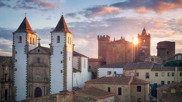 Scenic sunset in the medieval city of Caceres, Spain. High quality photo