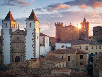 Scenic sunset in the medieval city of Caceres, Spain. High quality photo