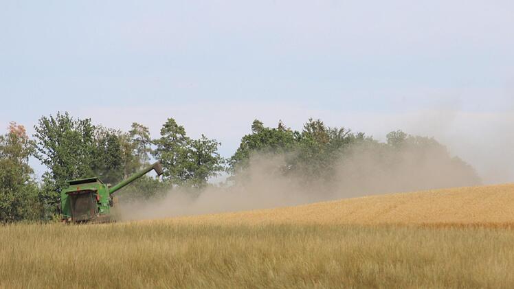 Dicke Staubschwaden, wie hier im Eberner Stadtgebiet, begleiten die Ernteeinsätze. 