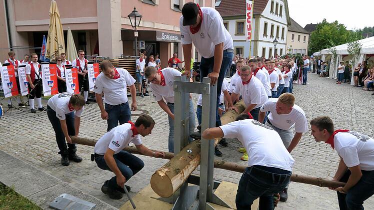 Die Baumaufsteller mussten kräftig nachhelfen, damit die Fichte in die Halterung rutschte. Foto: Johanna Blum