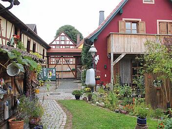 Beate Weimar-Stockmann und ihr Mann Ulrich haben den Sanierungsumbau ihres Hofes in Fuchsstadt nicht bereut. Erhaltenswertes wurde gerettet. Allerdings musste das Wohnhaus (rot) an der Ecke erst abgerissen und dann neu gebaut werden. Fotos: Gerd Schaar