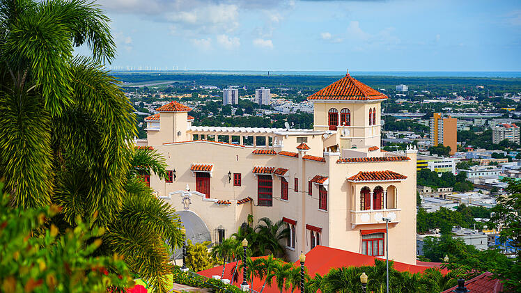 Aerial view of Castillo Serrall&eacute;s, a historic mansion built on El Vigia Hill overlooking the city of Ponce in Puerto Rico in the Caribbean