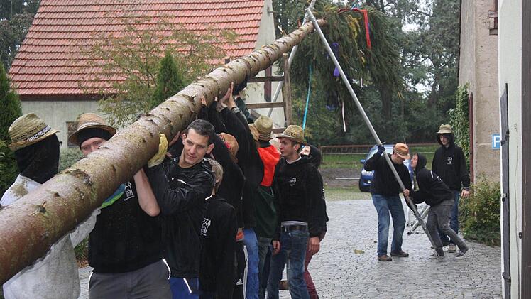 Die Kerwasburschen von Lonnerstadt beginnen, den Baum in die Höhe zu hieven.