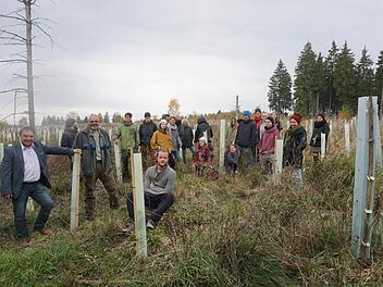 Auf der Hochfläche über dem Bauersberg haben die Schüler der Holzbildhauerschule Bischofsheim 700 junge Linden gepflanzt. Mit im Bild (links vorne) ist der Vertreter der Marktgemeinde Oberelsbach, Harald Omert, und (zweiter von links) Förster Matthais Schlund. Foto: Marion Eckert
