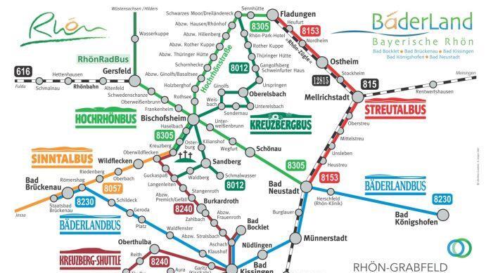Rund 100 Haltestellen in der Region verbinden die Freizeitbusse der Landkreise Rhön-Grabfeld und Bad Kissingen   -  ob die Hochrhön im Norden, das Sinntal im Westen, das Saaletal im Süden oder das Grabfeld im Osten. Das breitgefächerte Angebot zeigt der Liniennetzplan. Abbildung Ronald Ziegler