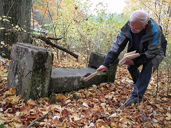 Vor sechs Jahren fand der damalige Kreisheimatpfleger Bertram Becker die alte Meilenbank wieder. Einheimische wussten, wo sie sie stand. Dann war sie verschwunden, jetzt ist sie aber wieder in Hammelburg aufgetaucht. Archiv/Thomas Malz