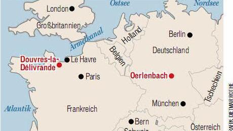 Die Grafik zeigt die Lage von Douvres-la-Délivrande und Oerlenbach.