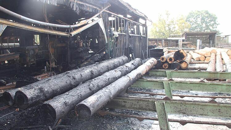 Am Tag danach: eine ausgebrannte Halle und jede Menge verkohlter Baumstämme. Foto: Stephan Tiroch
