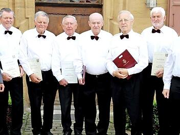 Michael Knörlein, Ernst Rackelmann, Erich Potzner, Günther Duddeck, Günter Müller, Helmut Ulm, Heinrich Link und Heinz Ulm (v. l.) sind Musiker mit Leib und Seele.  Foto: Franz Galster