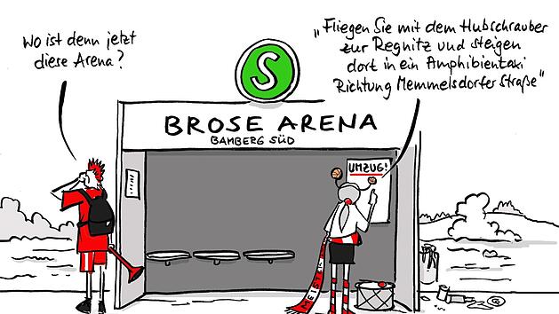 Auch unsere Karikaturistin Christiane Pfohlmann hat sich &uuml;ber die Zukunft des Bamberger Basketsballs ihre Gedanken gemacht - und darin das Versprechen von Minister Joachim Herrmann f&uuml;r einen S-Bahn-Halt im S&uuml;den der Stadt einbezogen: Der Bahnhof kommt - die Arena ist weg.