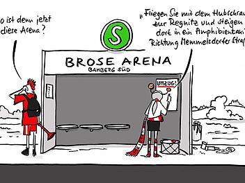 Auch unsere Karikaturistin Christiane Pfohlmann hat sich &uuml;ber die Zukunft des Bamberger Basketsballs ihre Gedanken gemacht - und darin das Versprechen von Minister Joachim Herrmann f&uuml;r einen S-Bahn-Halt im S&uuml;den der Stadt einbezogen: Der Bahnhof kommt - die Arena ist weg.