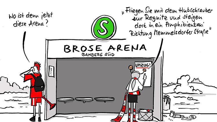 Auch unsere Karikaturistin Christiane Pfohlmann hat sich &uuml;ber die Zukunft des Bamberger Basketsballs ihre Gedanken gemacht - und darin das Versprechen von Minister Joachim Herrmann f&uuml;r einen S-Bahn-Halt im S&uuml;den der Stadt einbezogen: Der Bahnhof kommt - die Arena ist weg.