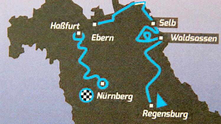 Der Streckenverlauf der Bayern Rundfahrt. Die Freitagsetappe führt von Selb nach Ebern.