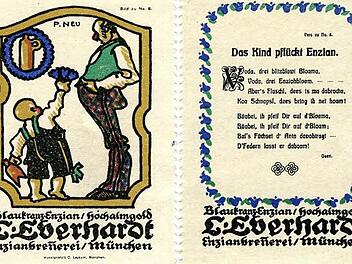 Die von Illustrator Paul Neu und Heimatdichter Georg Queri gestalteten Werbemarken der Enzianbrennerei L. Eberhardt sind unter Sammlern noch heute begehrt.  Quelle: Joseph Maran