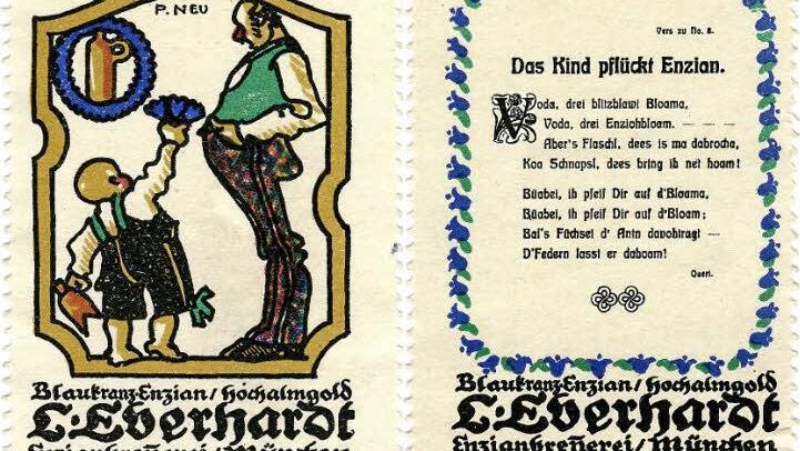 Die von Illustrator Paul Neu und Heimatdichter Georg Queri gestalteten Werbemarken der Enzianbrennerei L. Eberhardt sind unter Sammlern noch heute begehrt.  Quelle: Joseph Maran