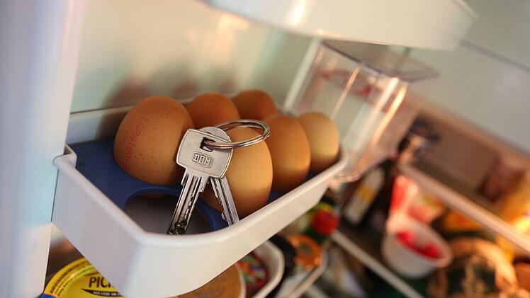 Schl&uuml;sselbund liegt im Eierfach eines K&uuml;hlschranks