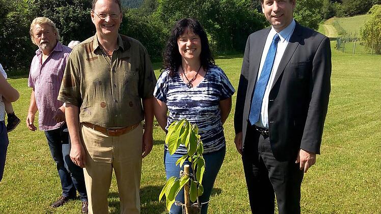 Uwe und Monika Bellmann mit Landrat Hermann Ulm (r.) vor dem Indianerbananenbaum Foto: Thomas Weichert