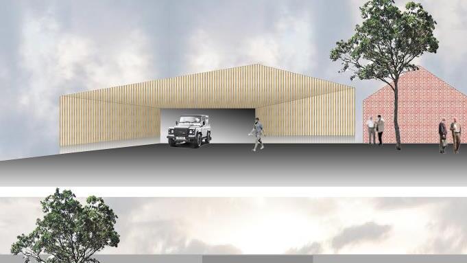 So könnte die Parkscheune aussehen - ganz oben der Blick aus dem Südwesten, darunter aus der südöstlichen Richtung. Grafik: Müller Architekten