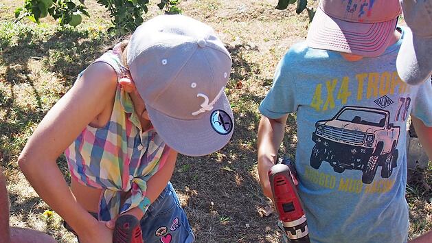 In Hartholzkl&ouml;tze bohren die Kinder L&ouml;cher verschiedener Gr&ouml;&szlig;en, die als Nisthilfe f&uuml;r Insekten dienen.  Foto: Simone Hepp