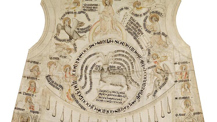 Im Mittelpunkt der Ausstellung steht das Rationale aus Pommersfelden - die Zeichnung eines bischöflichen Schulterschmucks auf Pergament. Fotos: Staatsbibliothek Bamberg, Gerald Raab