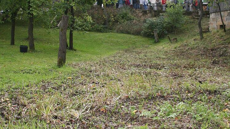 Noch heute ist der Wallgraben (im Vordergrund rechts) deutlich zu erkennen, er ist feucht und matschig.