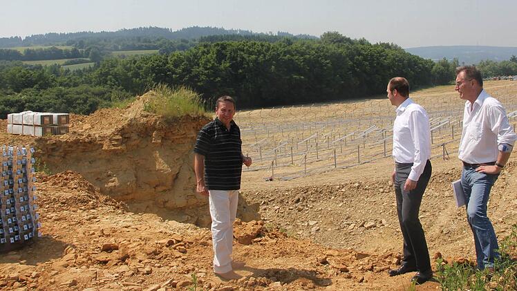 Vom einstigen Steinbruch ist nicht mehr viel zu erkennen. Die ersten Pfähle für den Bürgersolarpark wurden gesetzt. Im Bild (von links): Bürgermeister Norbert Gräbner, der Vorsitzende der Deutschen Bürger-Energie, Mario Fürst, und Geschäftsleitender Beamter Gerd Wich-Heiter. Foto: Veronika Schadeck