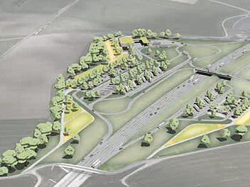 So sollen die Anlagen bei Drossenhausen aussehen: Links (in Fahrtrichtung Suhl) die Tankstelle samt Raststätte, rechts (Fahrtrichtung Coburg) der Parkplatz mit Toiletten sowie einer Verbindungsbrücke zur Rastanlage. Grafik: Ingenieurbüro Mayr