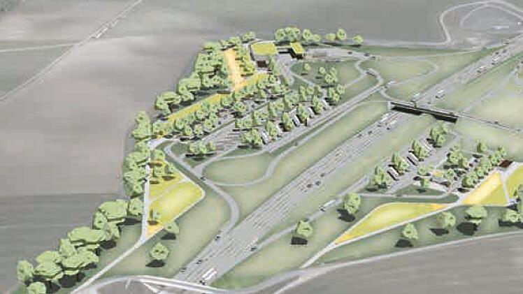 So sollen die Anlagen bei Drossenhausen aussehen: Links (in Fahrtrichtung Suhl) die Tankstelle samt Raststätte, rechts (Fahrtrichtung Coburg) der Parkplatz mit Toiletten sowie einer Verbindungsbrücke zur Rastanlage. Grafik: Ingenieurbüro Mayr
