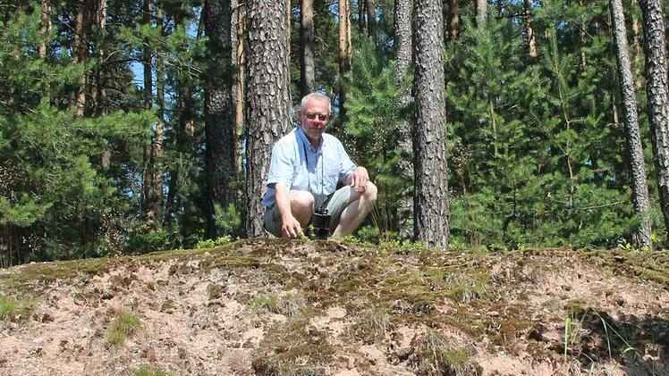 Frank Reißenweber kniet am Hang in der Sandgrube bei Thann. Er kennt die Geheimnisse der Flora und Fauna. Fotos: Thomas Heuchling