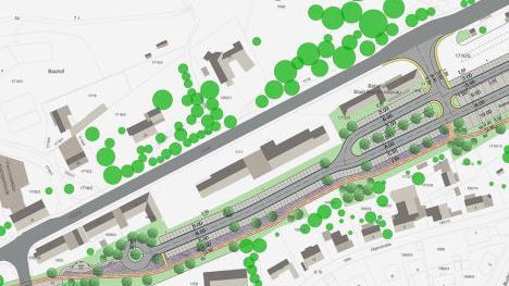 Ein erster Vorschlag: Parallel zum Radweg (rote Linie) sollen Park- und Wohnmobilstellplätze entstehen. Grafik: Robert Zehe Planungsbüro