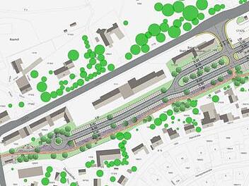 Ein erster Vorschlag: Parallel zum Radweg (rote Linie) sollen Park- und Wohnmobilstellplätze entstehen. Grafik: Robert Zehe Planungsbüro