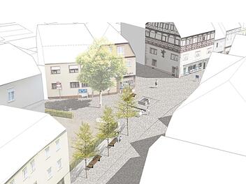 Die Fläche gegenüber dem früheren Kupsch-Supermarkt soll sich in einen kleinen Platz mit Brunnen verwandeln.Foto: Visualisierung/Büro Holl Wieden