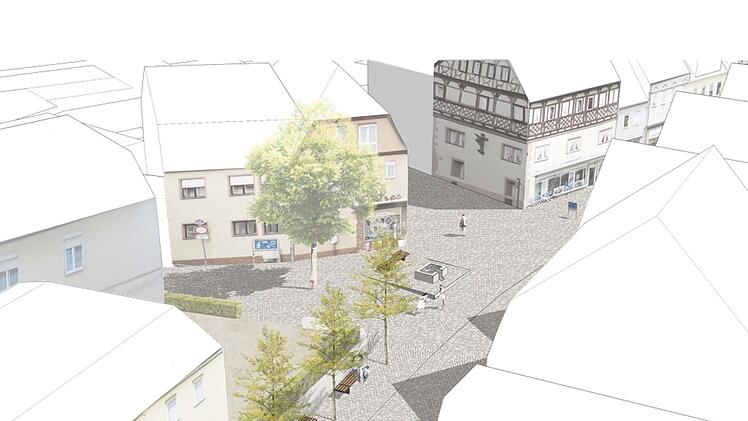 Die Fläche gegenüber dem früheren Kupsch-Supermarkt soll sich in einen kleinen Platz mit Brunnen verwandeln.Foto: Visualisierung/Büro Holl Wieden