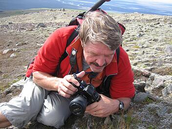 Wolfgang von Brackel muss sich über den steinigen Untergrund robben, um die kleinen Pflanzen zu sehen. Foto: Gisela von Brackel