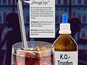 Ein Stäbchen gegen die durchsichtige Gefahr: Per Sensor zeigt der "DrugCop" an, ob K.o.-Tropfen im Getränk sind.  Foto: privat
