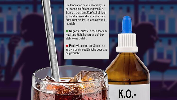 Ein Stäbchen gegen die durchsichtige Gefahr: Per Sensor zeigt der "DrugCop" an, ob K.o.-Tropfen im Getränk sind.  Foto: privat