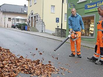 Die Arbeit mit dem Laubbläser geht Vitali Agne (32) gut von der Hand. Der Ukrainer arbeitet beim Bauhof in Grafengehaig, Klaus Keil (rechts) hat ihn unter seine Fittiche genommen. Fotos: Sonja Adam