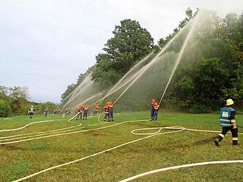 Die Feuerwehranwärter spritzten bei ihrer Übung bei Mährenhausen mit ordentlich viel Wasser in Richtung des fiktiven Waldbrandes.  Foto: Hartmut Keller