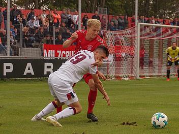 Aubstadts Verteidiger Steffen Behr (hinten, rotes Trikot) hatte mit dem N&uuml;rnberger Linus Rosenl&ouml;cher alle H&auml;nde voll zu tun. Foto: Rudi D&uuml;mpert