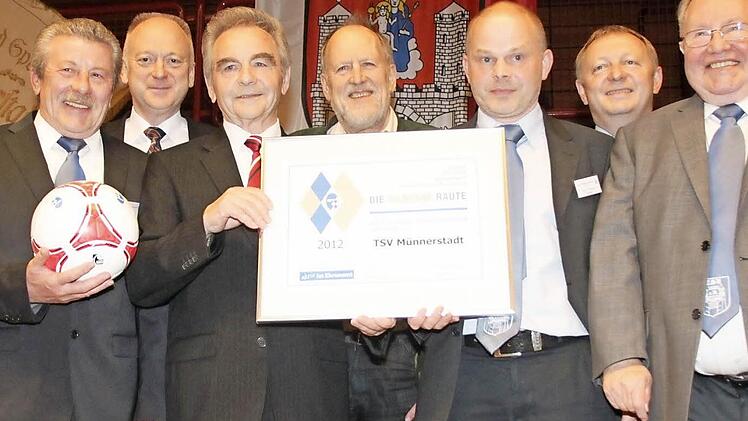 Georg Stöth (3. von links) überreichte die Silberne Raute an die TSV-Funktionäre .