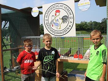 Robert Rauh, Jonas Wöhner und Moritz Wöhner (von links) haben die Federn an der Station des Geflügelzuchtvereins den richtigen Vogelarten zugeordnet. Foto: Cindy Dötschel