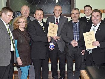BLSV und BFV ehrten zwei verdiente und langjährig engagierte Sportfunktionäre des SV Friesen. Von links Arno Stumpf (Schatzmeister), Marina Schmitt (Stadträtin), Heinrich Geiger (2. Vorsitzender), Norbert Kraus, Karl H. Fick (BLSV- Kreisvorsitzender), Egon Grünbeck (BFV- Spielgruppenleiter), Bernd Liebhardt (Stadtrat), Josef Geiger und Bürgermeister Wolfgang Beiergrößlein. Foto: Karl-Heinz Hofmann
