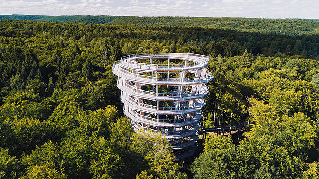 Ein spiralf&ouml;rmiger Turm ragt aus einem dichten, gr&uuml;nen Wald. Der Himmel ist klar und blau. Besucher spazieren auf dem Turm, der Teil des Baumwipfelpfads Steigerwald ist.