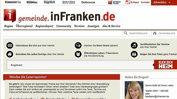 Dieser Screenshot zeigt die Startseite der Gemeindeseiten mit dem Ort im Suchfenster.