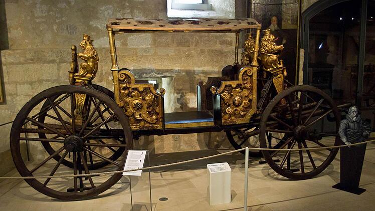 Prunkwagen bei Casimirs 1. Hochzeit 1586, Brautwagen, 1586, Holz, Eisen, Leder, Ölvergoldung /