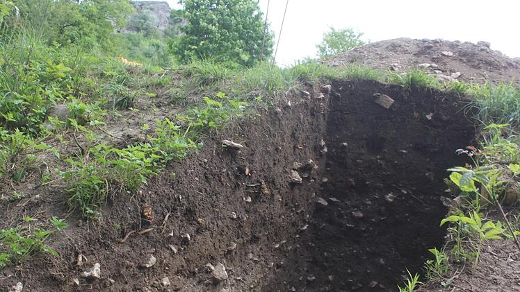 Die Archäologen gruben sich in die Böschung neben dem Weg, die zum Teil aus eingestürzten Resten der einstigen Toranlage besteht. Foto: Matthias Einwag