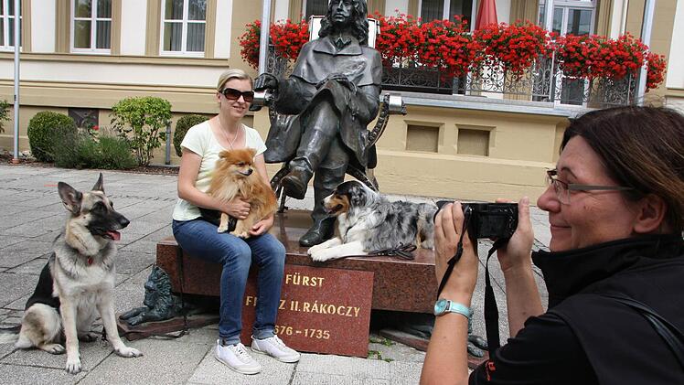 Hundepsychologin Manuela Lieflaender und Tierärztin Christina Schulte-Lohgerber haben sich gemeinsam mit ihren Hunden Samy, Hailey und Fee in Bad Kissingen umgesehen. Foto: Ralf Ruppert
