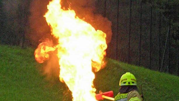 Eine Stichflamme lodert empor. Das passiert, wenn ein Fettbrand mit Wasser gelöscht wird. Foto: Klaus Oelzner