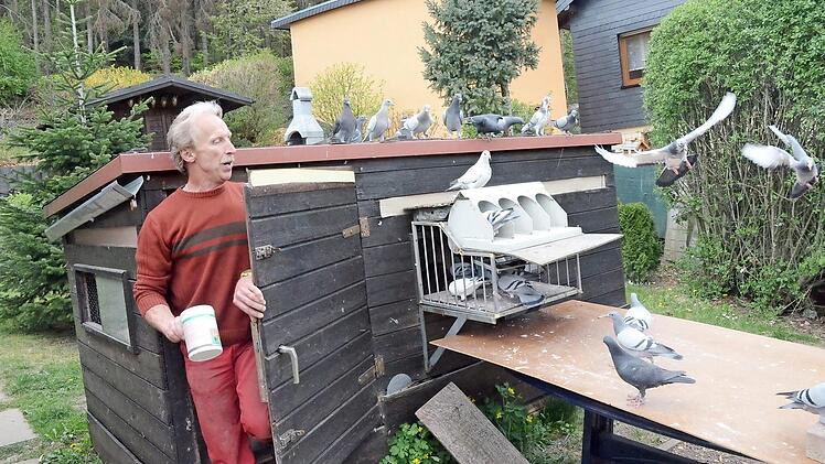Essen fassen unter der Aufsicht von Taubenzüchter Georg Bayer.